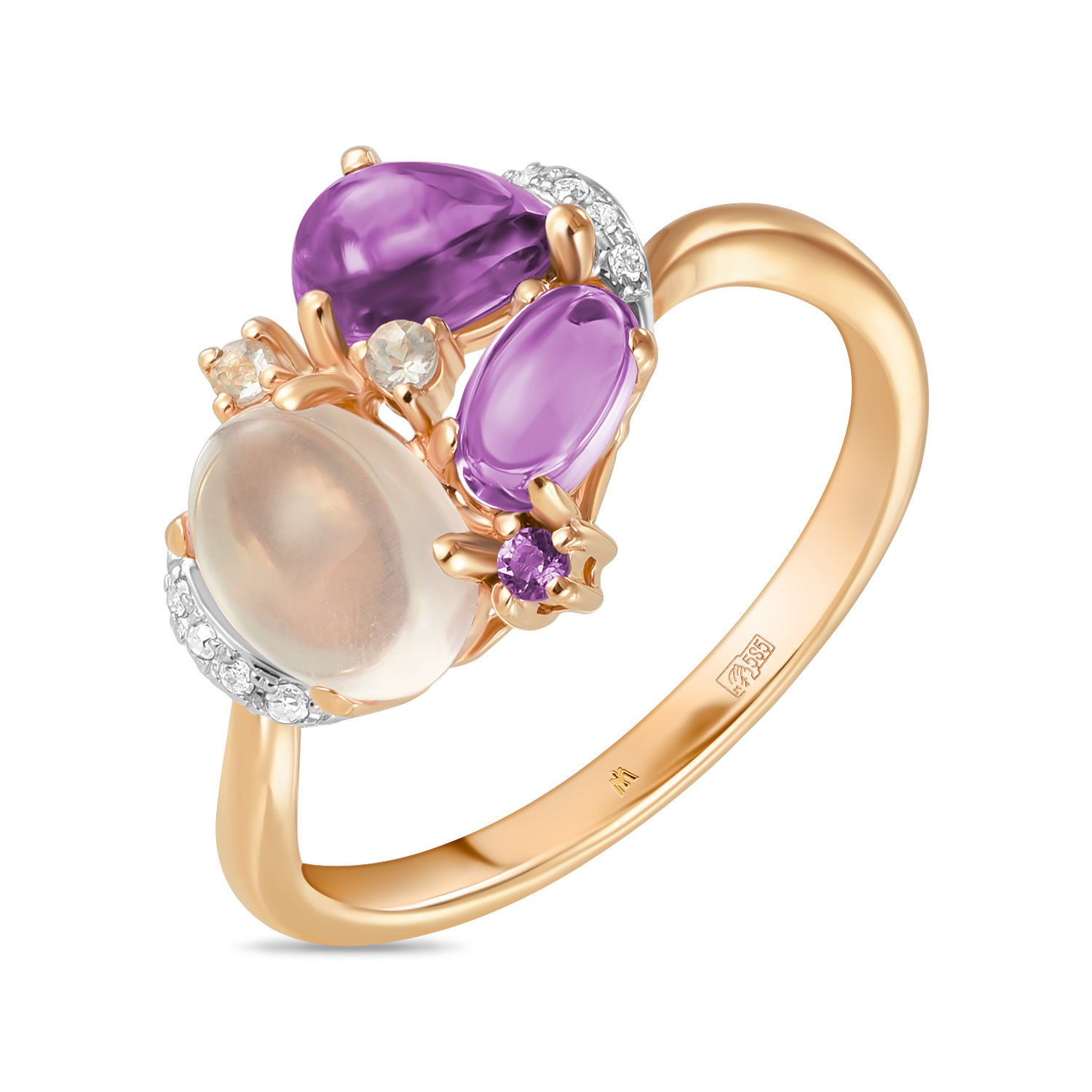Кольца МЮЗ Золотое кольцо с аметистами, бриллиантами и кварцем