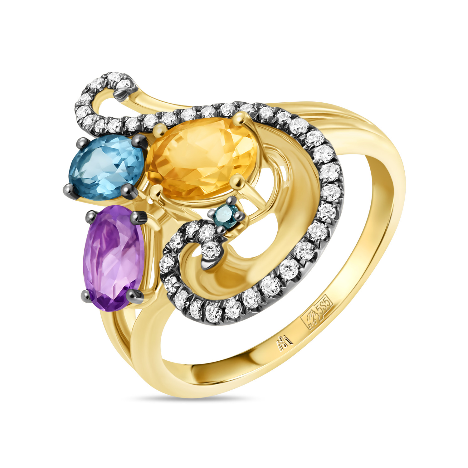 кольца мюз золотое кольцо с аметистом цитрином бриллиантами гранатами и перидотами Кольца МЮЗ Золотое кольцо с аметистом, топазом, цитрином, бриллиантами и цветными бриллиантами