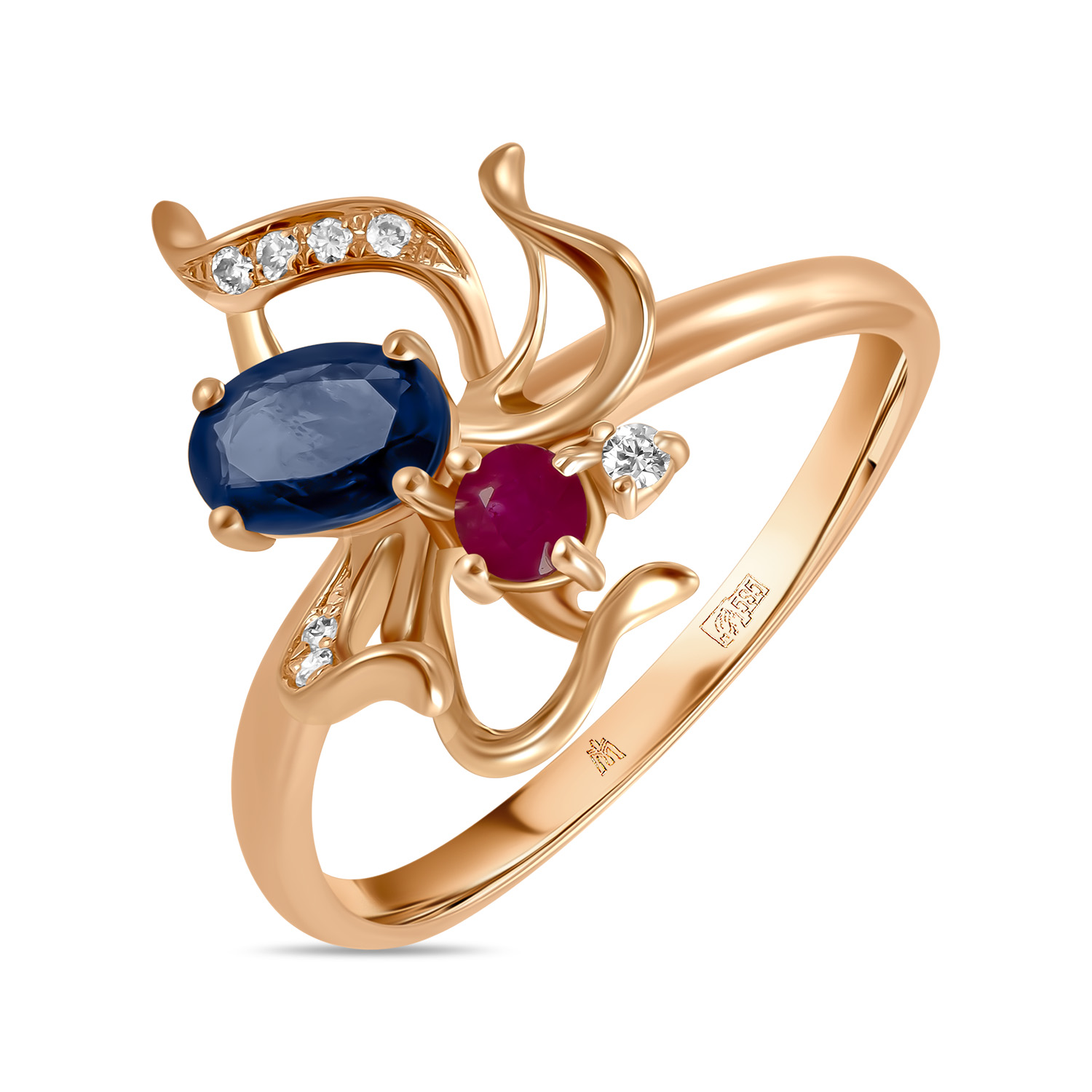 Кольца МЮЗ Золотое кольцо с бриллиантами, рубином и сапфиром золотое кольцо с бриллиантами перламутр рубином сапфиром