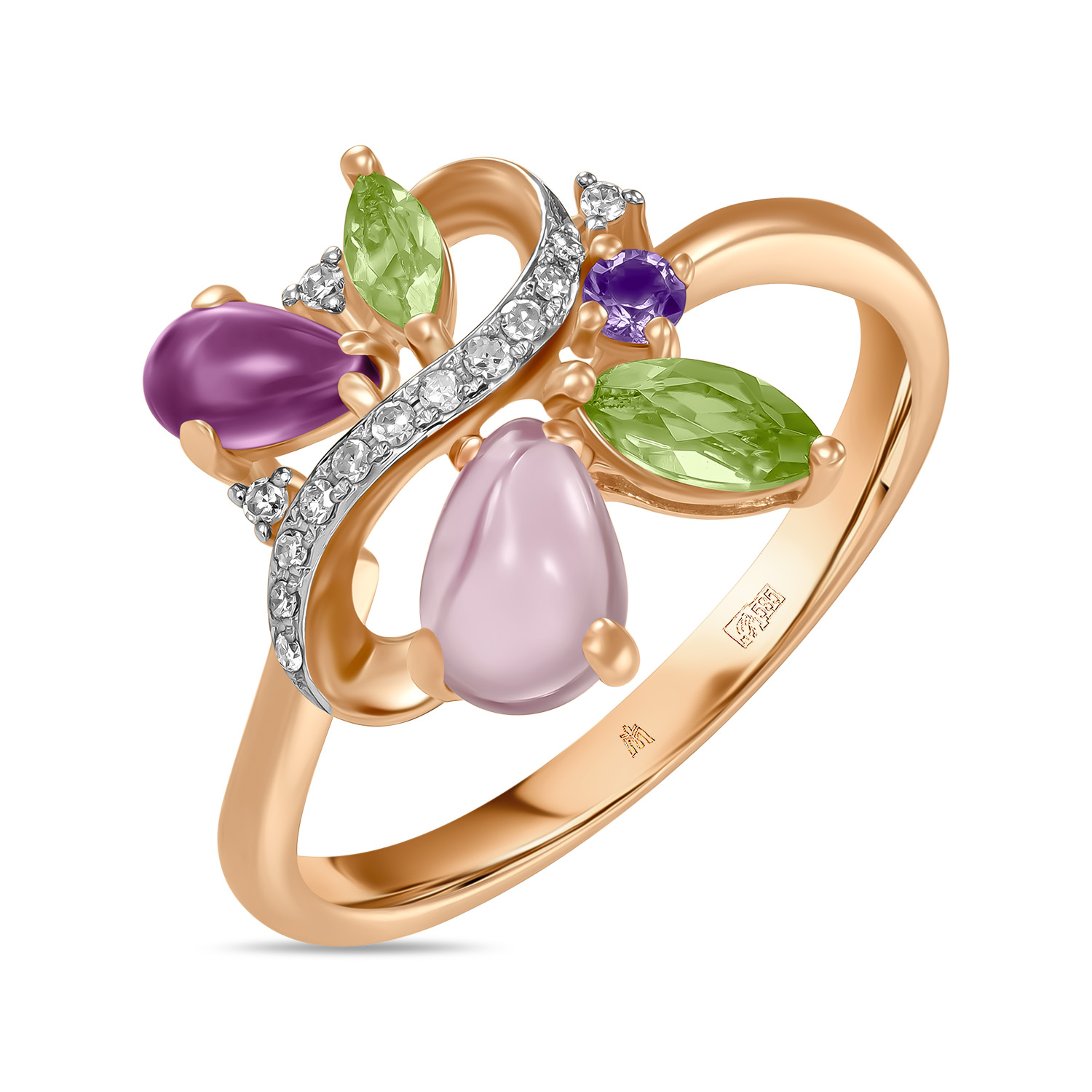 Кольца МЮЗ Золотое кольцо с аметистами, бриллиантами, перидотами и родолитом