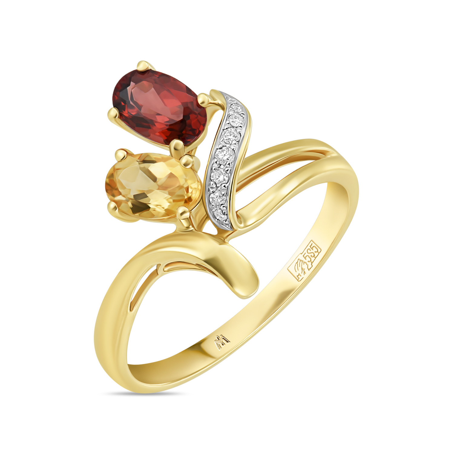 Кольца МЮЗ Золотое кольцо с цитрином, бриллиантами и гранатом