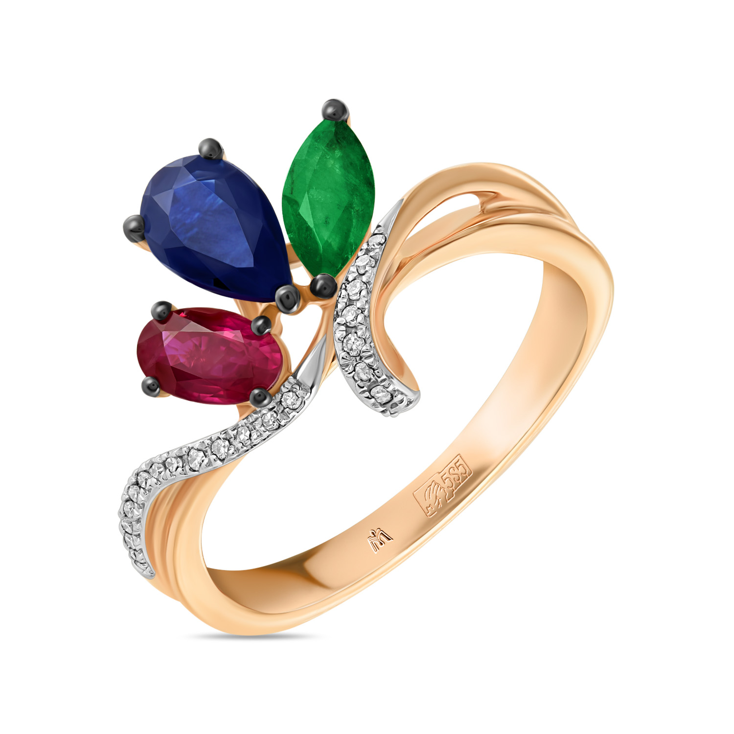 золотое кольцо с рубином сапфиром Кольца МЮЗ Золотое кольцо с бриллиантами, изумрудом, рубином и сапфиром