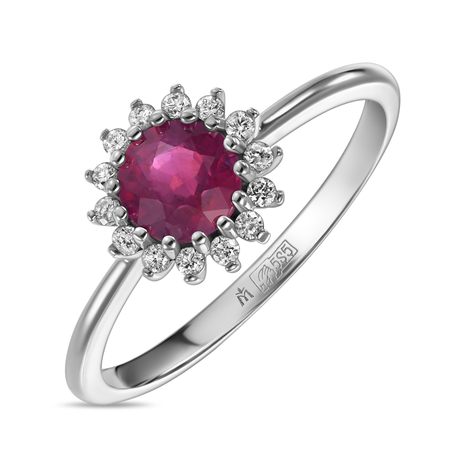 Кольцо с бриллиантами и облагороженным рубином МЮЗ, цвет белый - фото 1