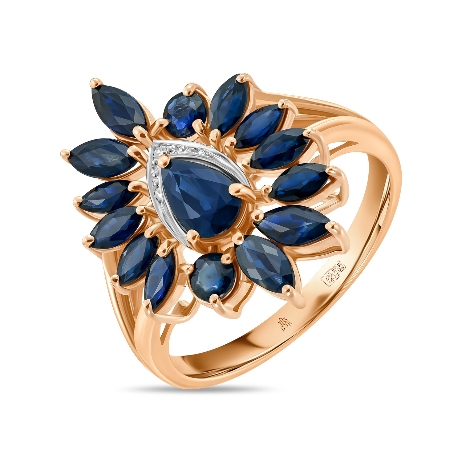 Золотое кольцо с бриллиантом и сапфирами МЮЗ, цвет красный - фото 1