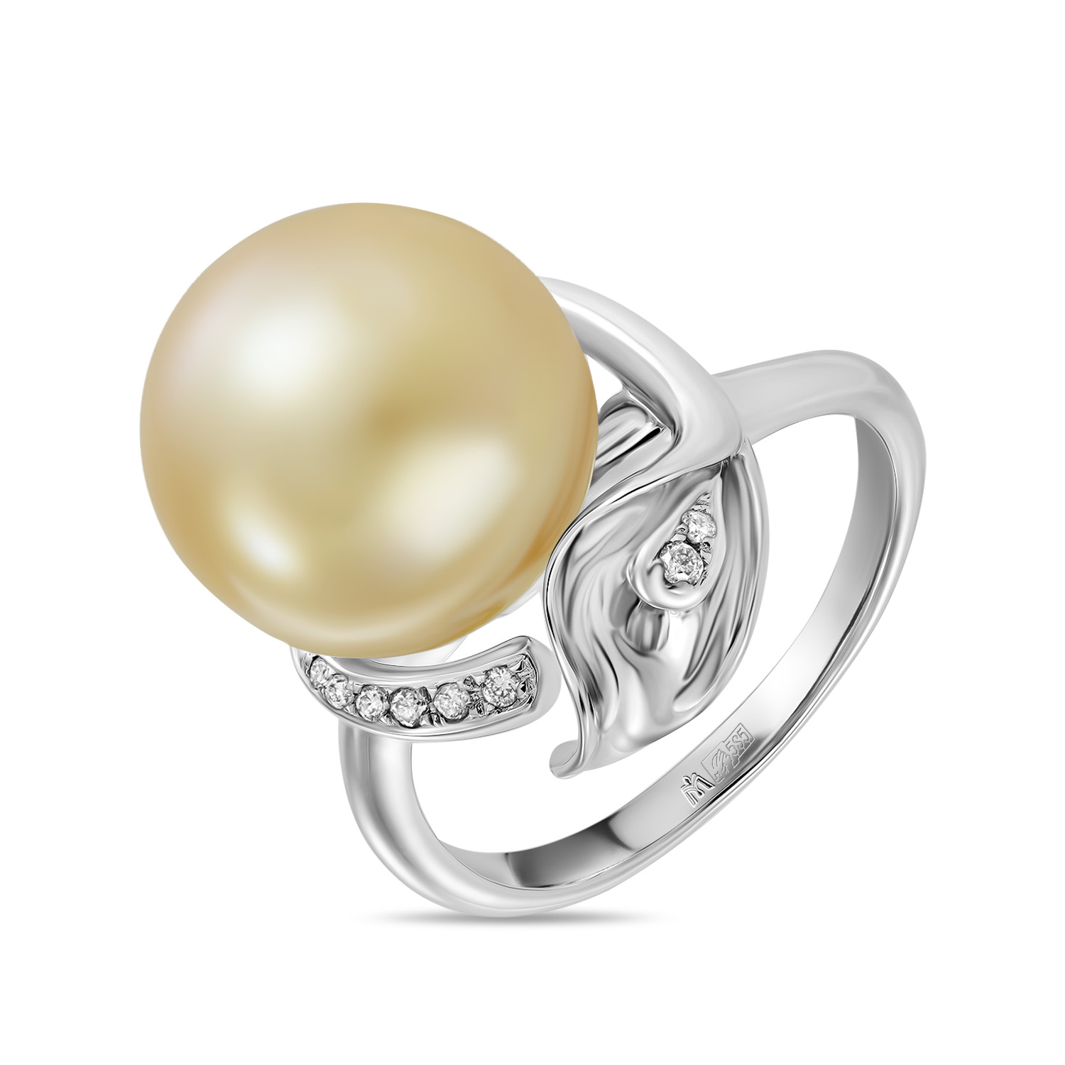 Золотое кольцо c бриллиантами и жемчугом, цвет белый