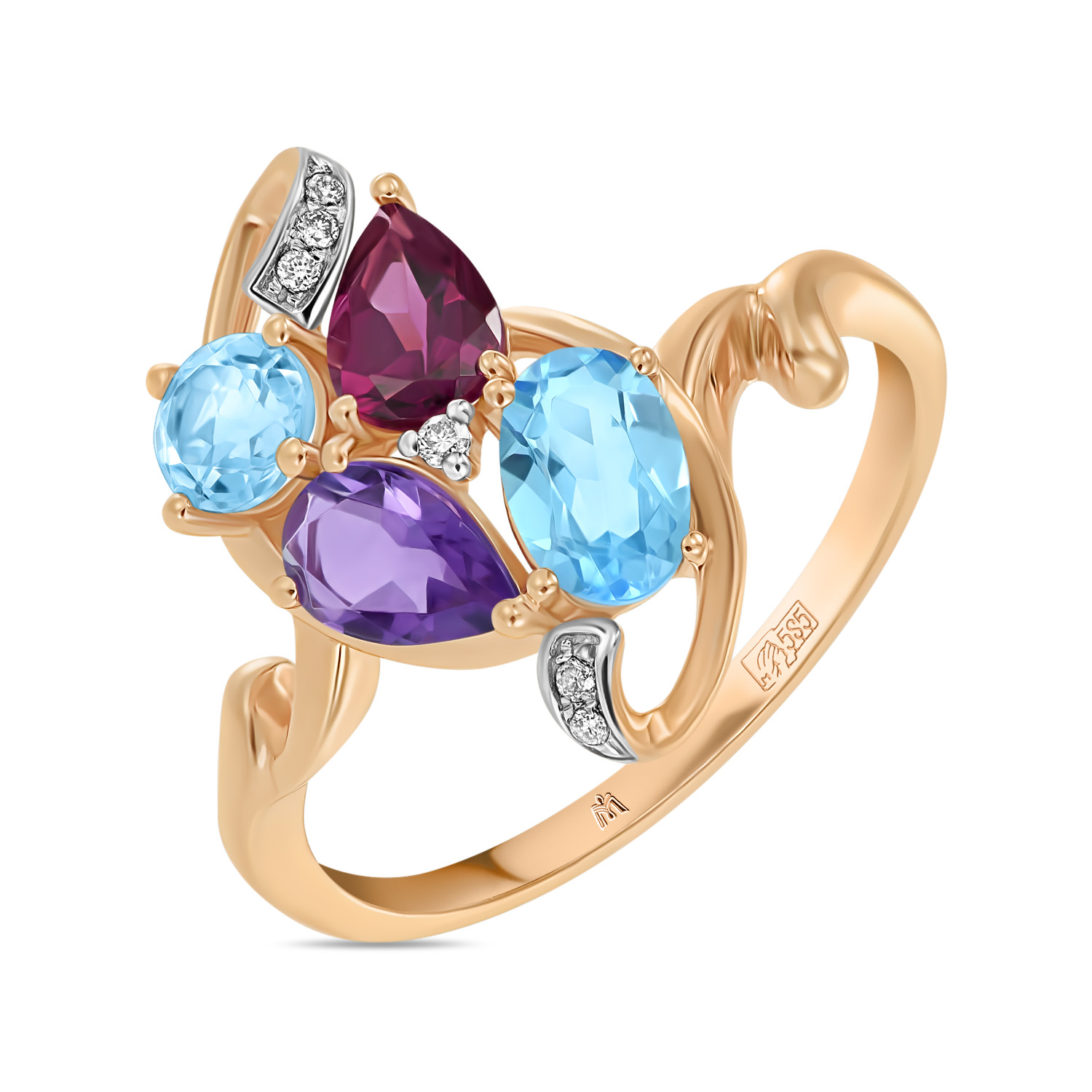 Золотое кольцо c аметистом, топазом, бриллиантами и родолитом, цвет красный - фото 1