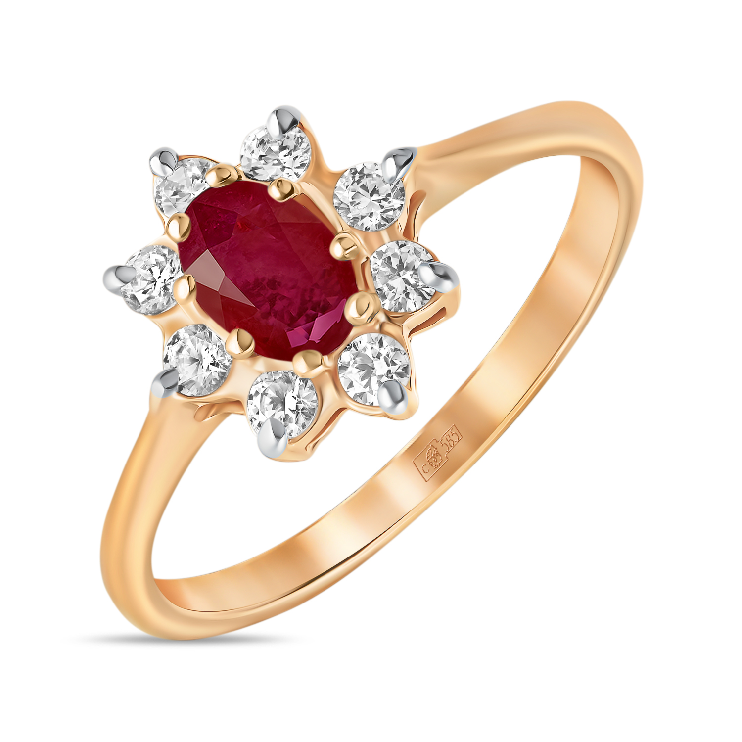 Золотое кольцо c рубином и фианитами, цвет красный - фото 1