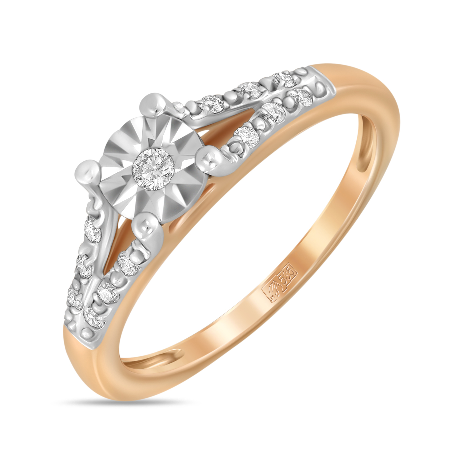 Золотое кольцо c бриллиантами, цвет красно-белый - фото 1