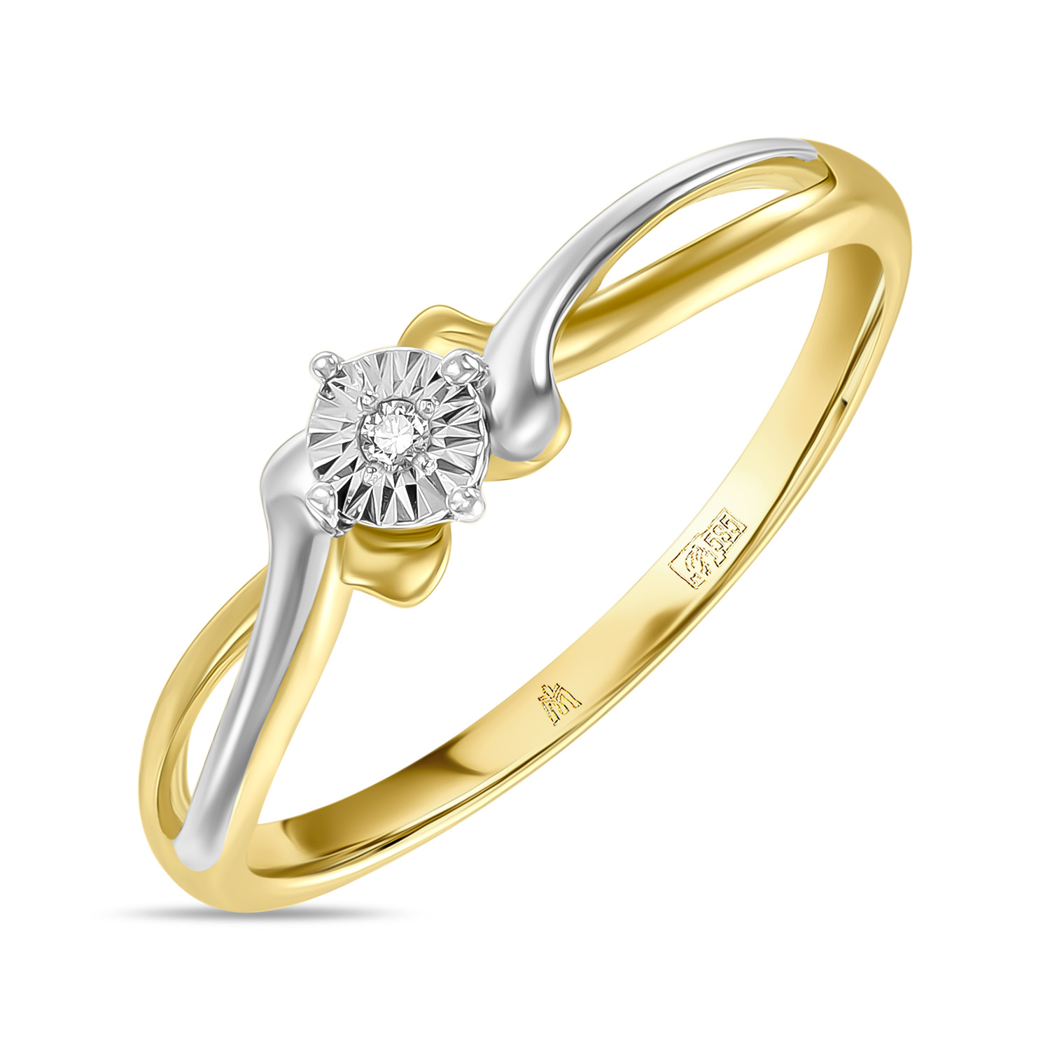 Золотое кольцо c бриллиантом, цвет желто-белый - фото 1