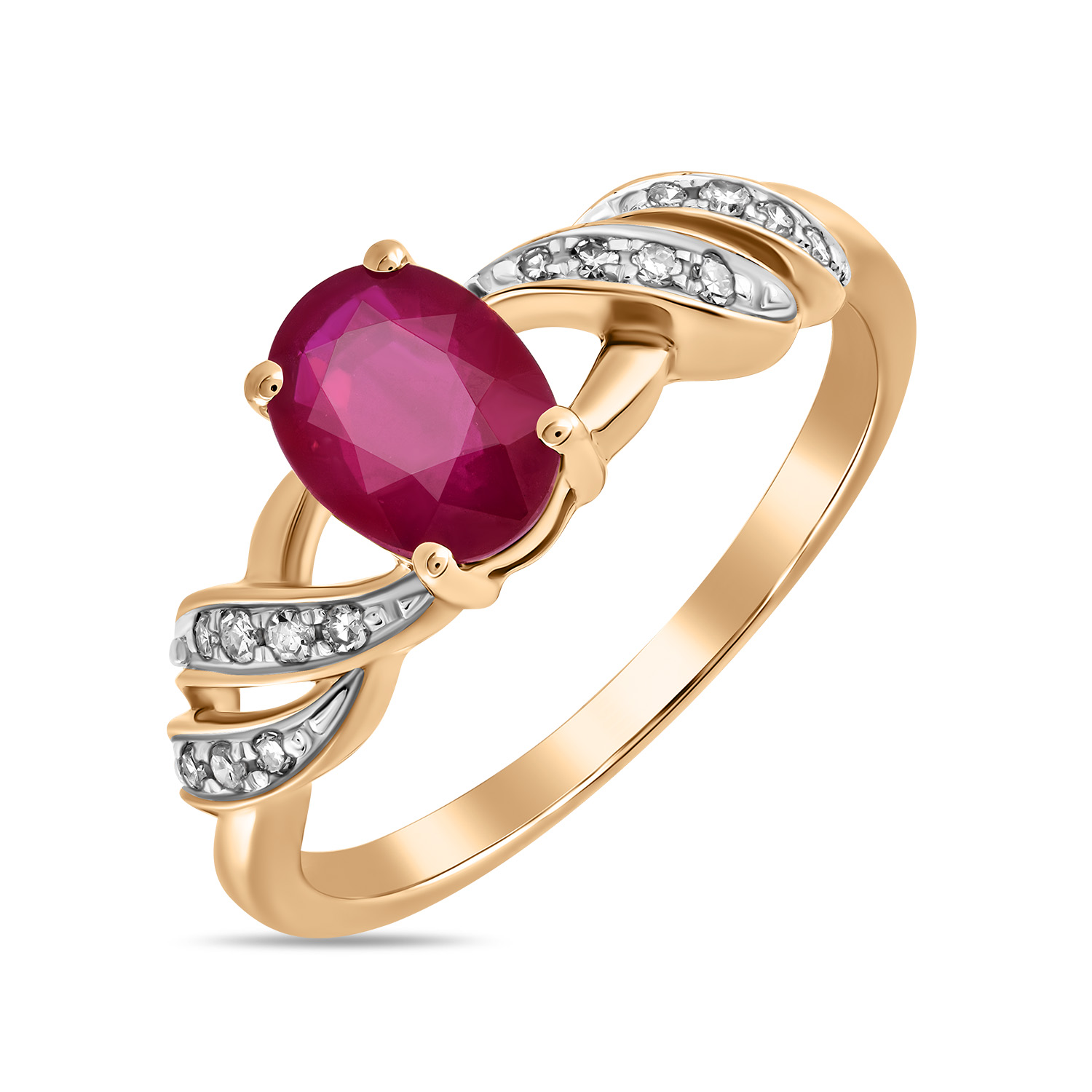 Золотое кольцо c бриллиантами и рубином, цвет красный - фото 1