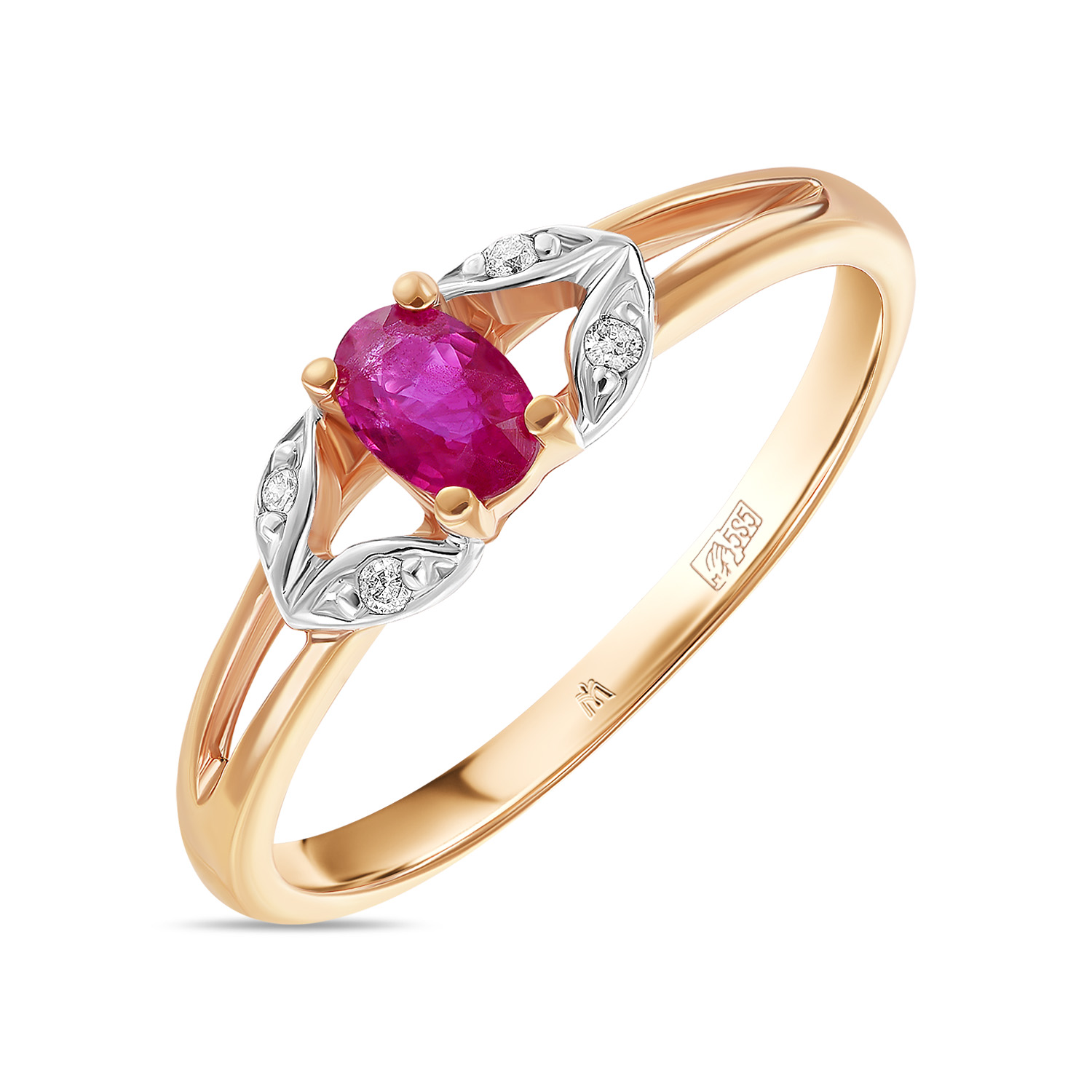 Золотое кольцо c бриллиантами и рубином, цвет красный - фото 1