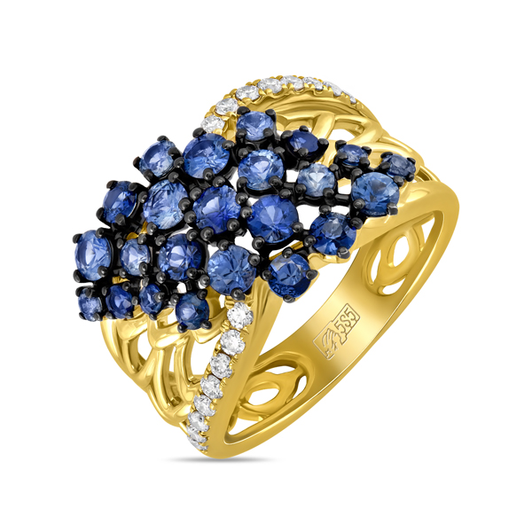 Золотое кольцо с бриллиантами и сапфирами МЮЗ, цвет желтый - фото 1