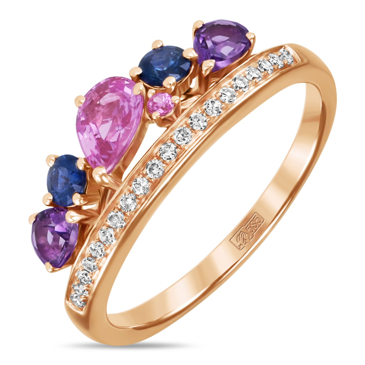 Золотое кольцо c аметистами, бриллиантами, цветными сапфирами и сапфирами - фото 1