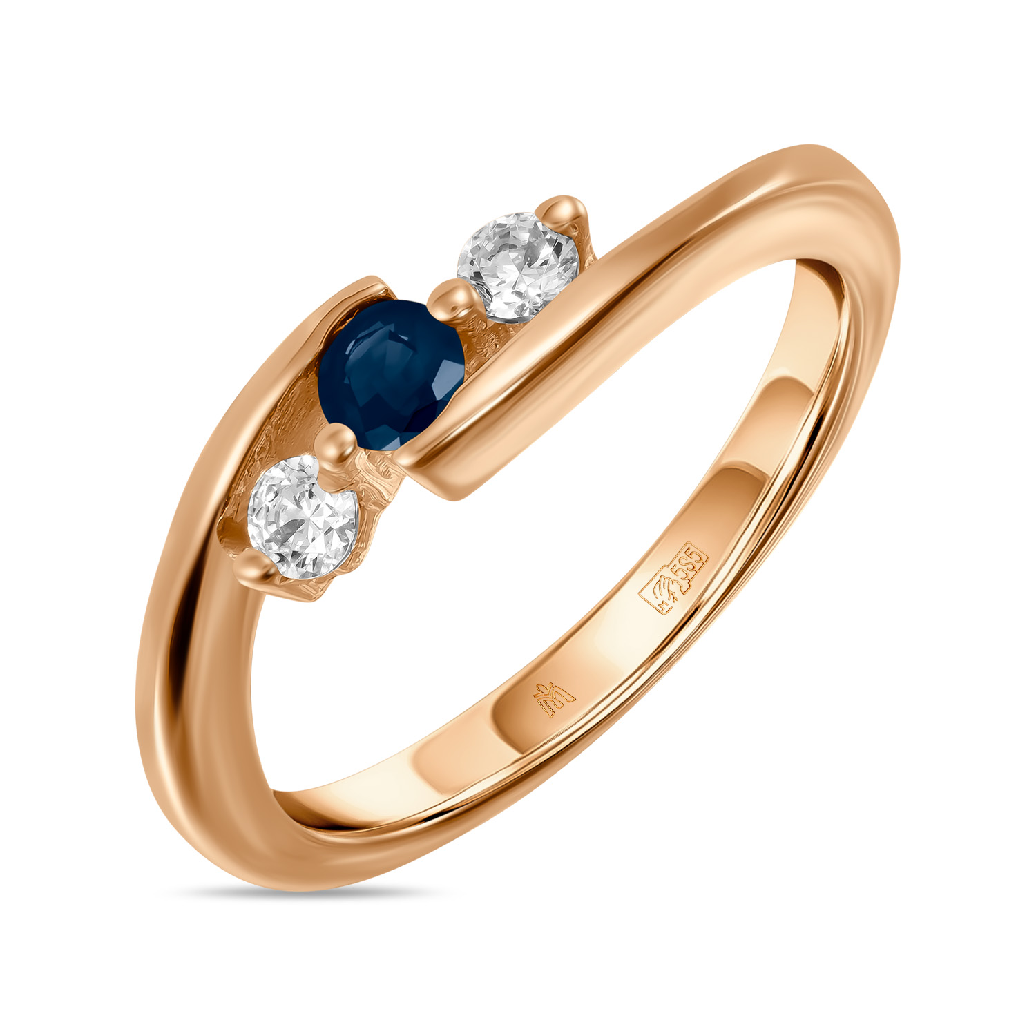 Золотое кольцо c сапфиром и фианитами, цвет красный - фото 1