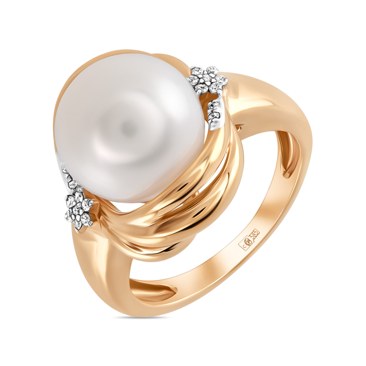 Золотое кольцо c жемчугом и бриллиантами, цвет красный - фото 1
