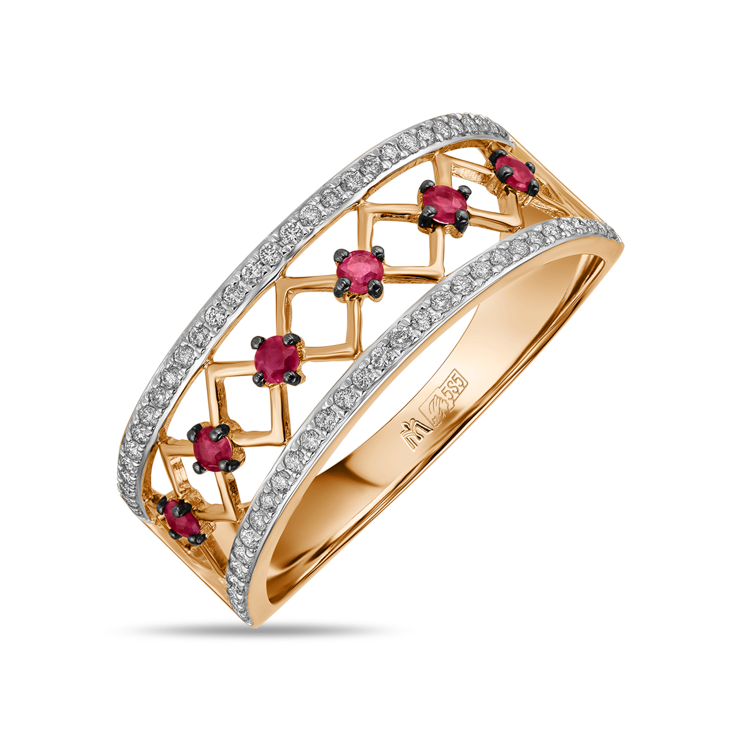 Золотое кольцо c рубинами и бриллиантами, цвет красный - фото 1