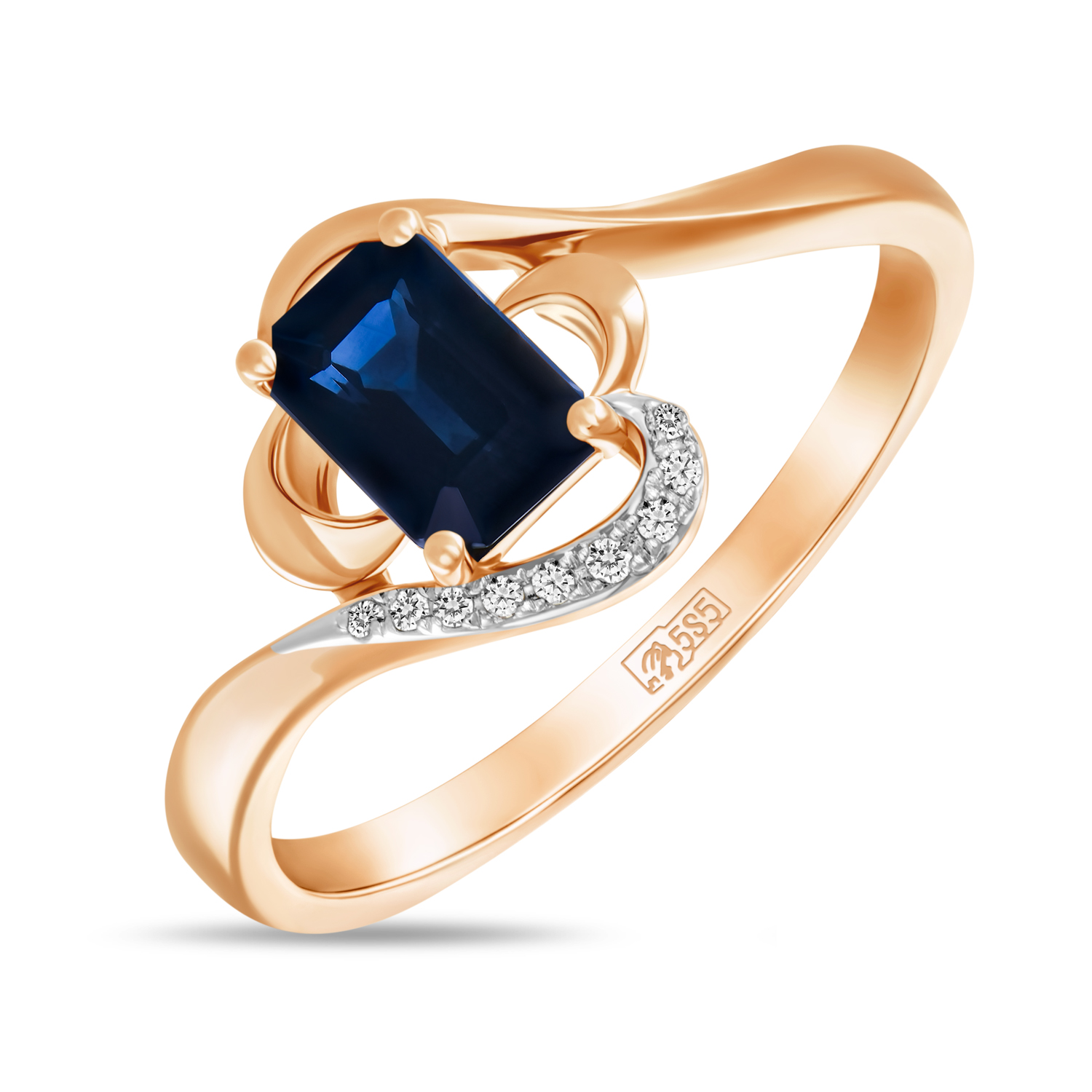 Золотое кольцо c бриллиантами и сапфиром, цвет белый - фото 1