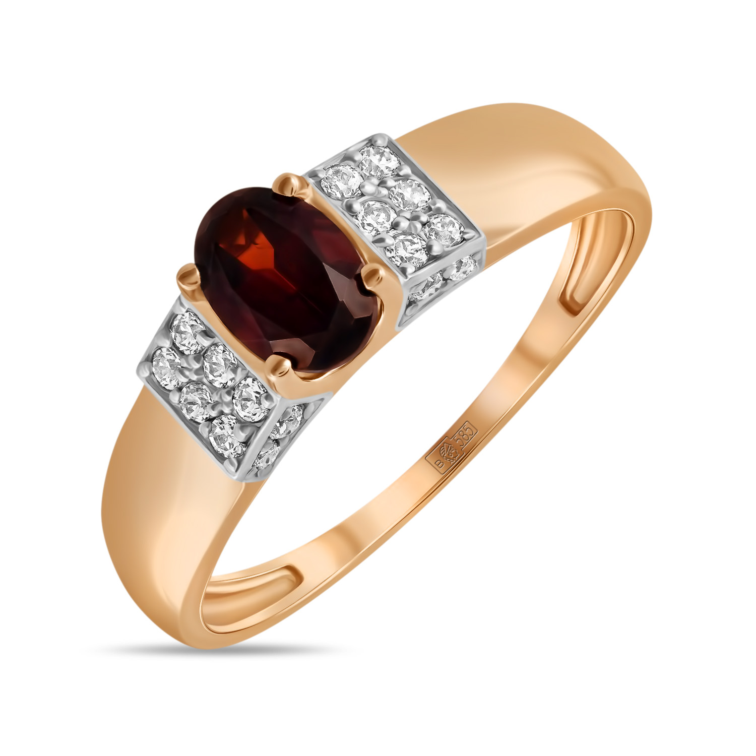 Золотое кольцо c гранатом и фианитами, цвет красный - фото 1