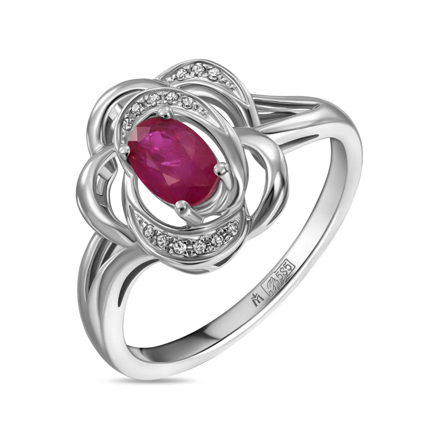 Золотое кольцо с бриллиантами и рубином МЮЗ, цвет белый - фото 1