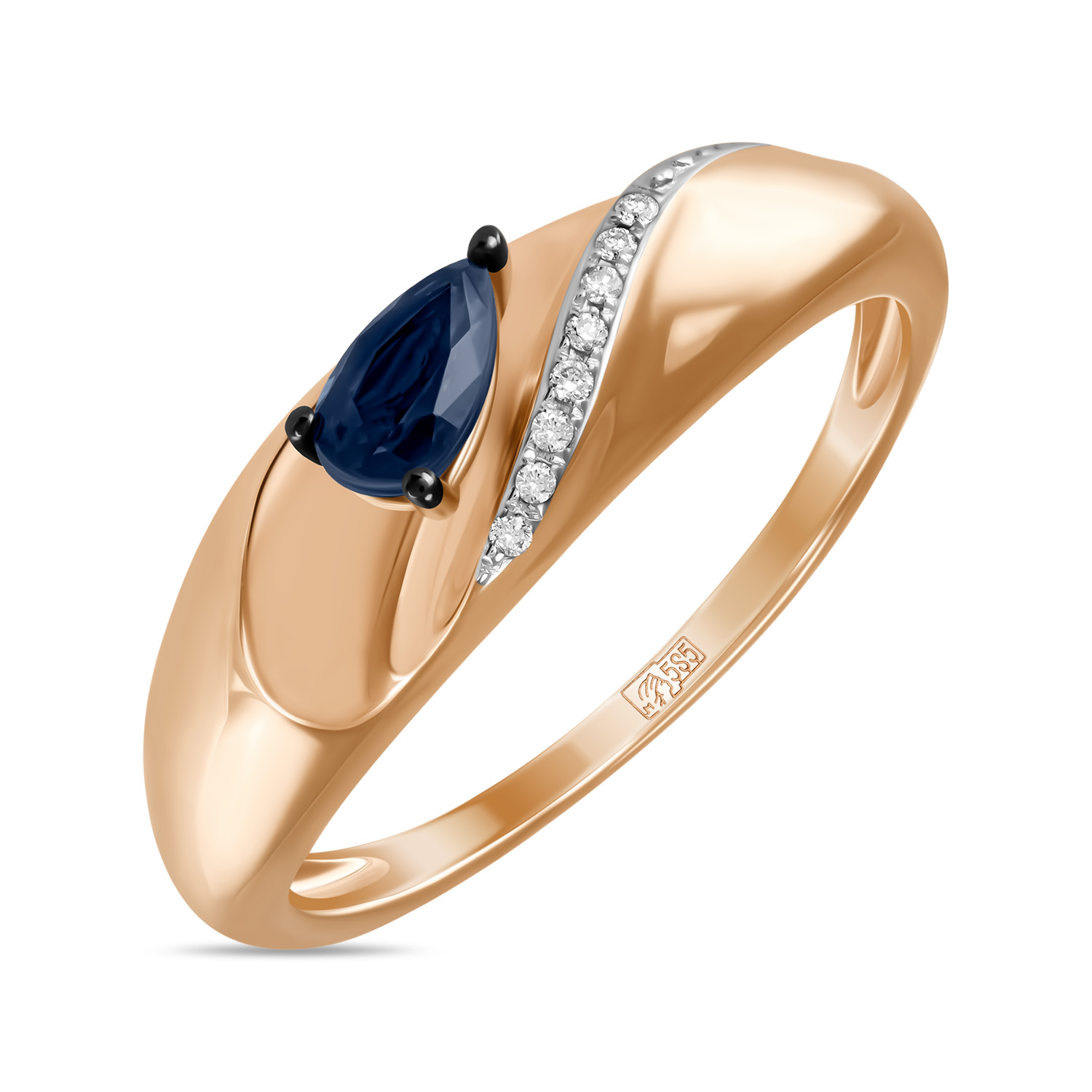 Золотое кольцо c бриллиантами и сапфиром, цвет красный - фото 1