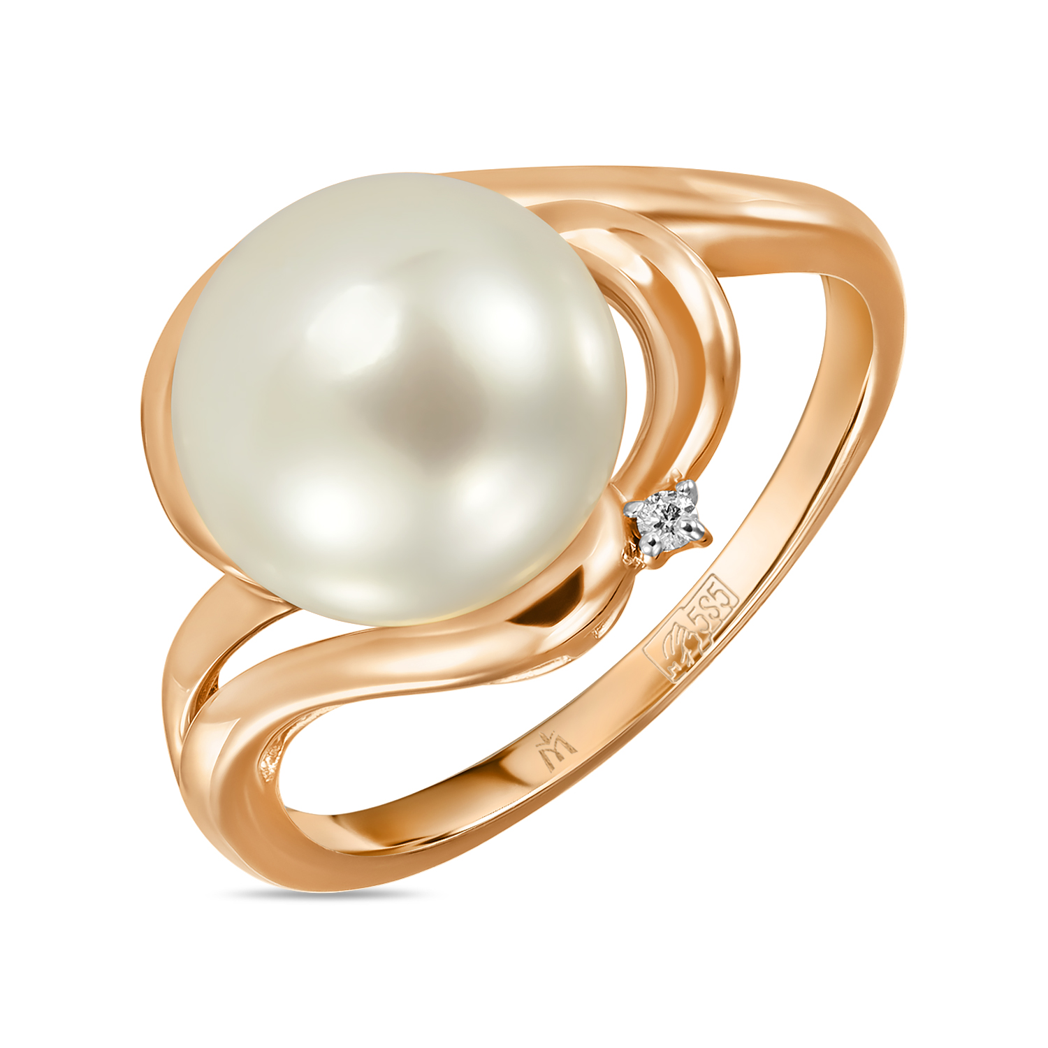 Золотое кольцо c бриллиантом и жемчугом, цвет красный - фото 1
