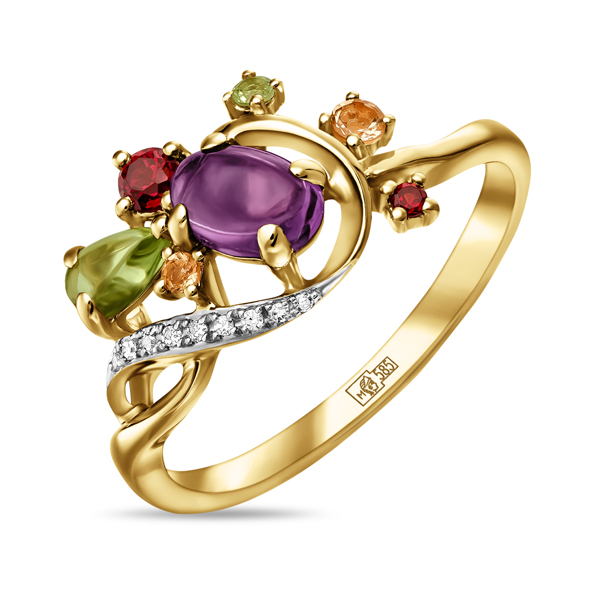 Золотое кольцо c аметистом, цитрином, бриллиантами, гранатами и перидотами, цвет красный - фото 1