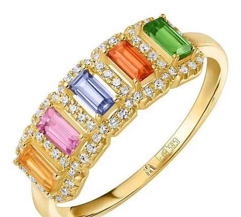 Кольцо с бриллиантами и цветными сапфирами
